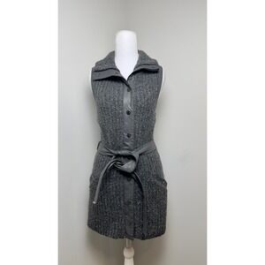 White House Black Market Grey Metallic Knit Longline Belted Sweater Vest‎ Small